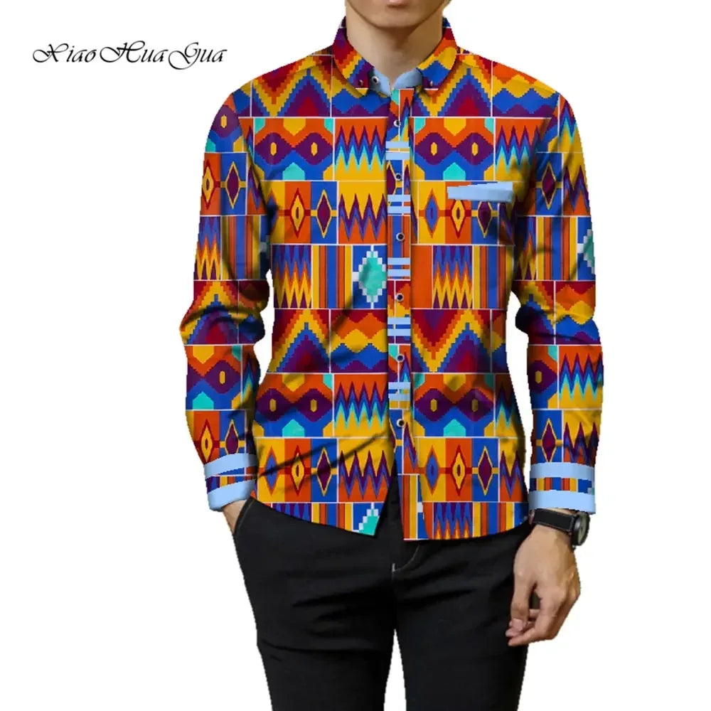 Fashion Mens Africa Festive Clothing Ankara Clothes African Print Tops Long Sleeve print Cotton patchwork T-shirt wyn905