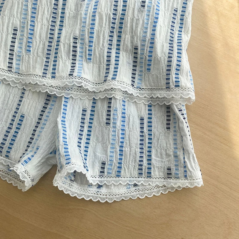 Summer Children's Vest Set Girls Lace Top Suit Kids Embroidered Striped Tank Top and Shorts 2Pcs Boys Casual Suit Sibling Outfit