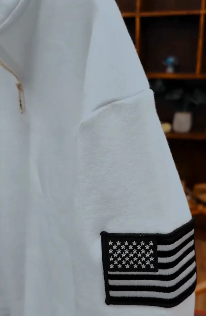 Y2K America Retro Embroidery Pullover White Quarterzip Stand Collar Polo Shirt Sweatshirt Casual Men Clotheing