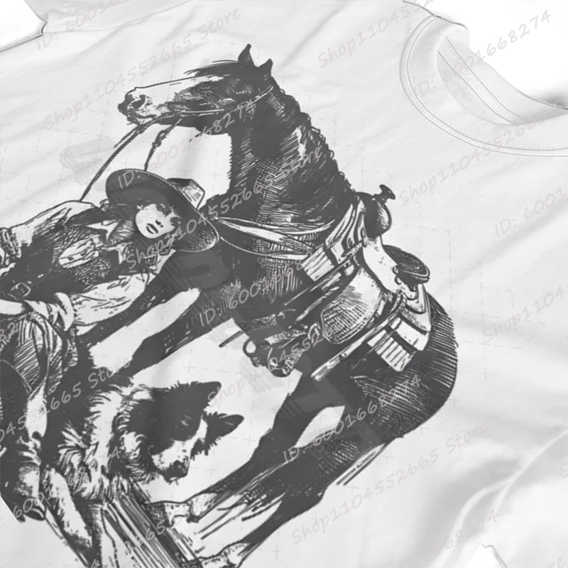 Cowgirls Horse Dog Print T-shirts For Women Summer Short Sleeve Round Collar Tee Shirt Ladies Retro Overszied Tees Tops