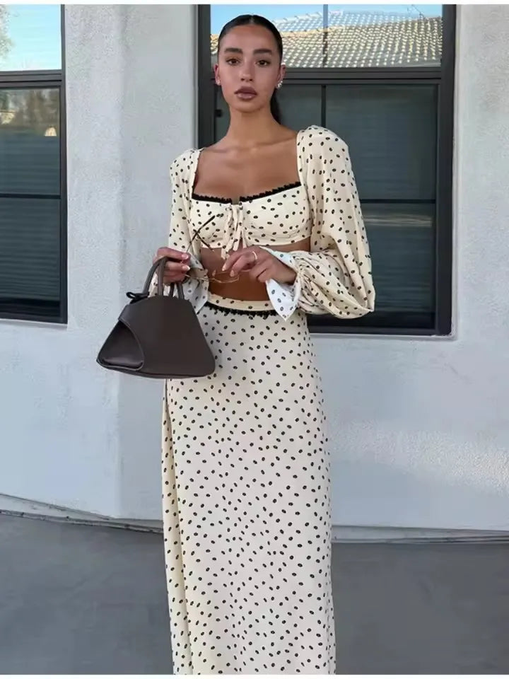 Elegant Female 2 Piece Skirt Set Polka Dots Printed Suit Cropped Short Sleeves Square Neck Top Slit High Waist Skirt Vintage Set