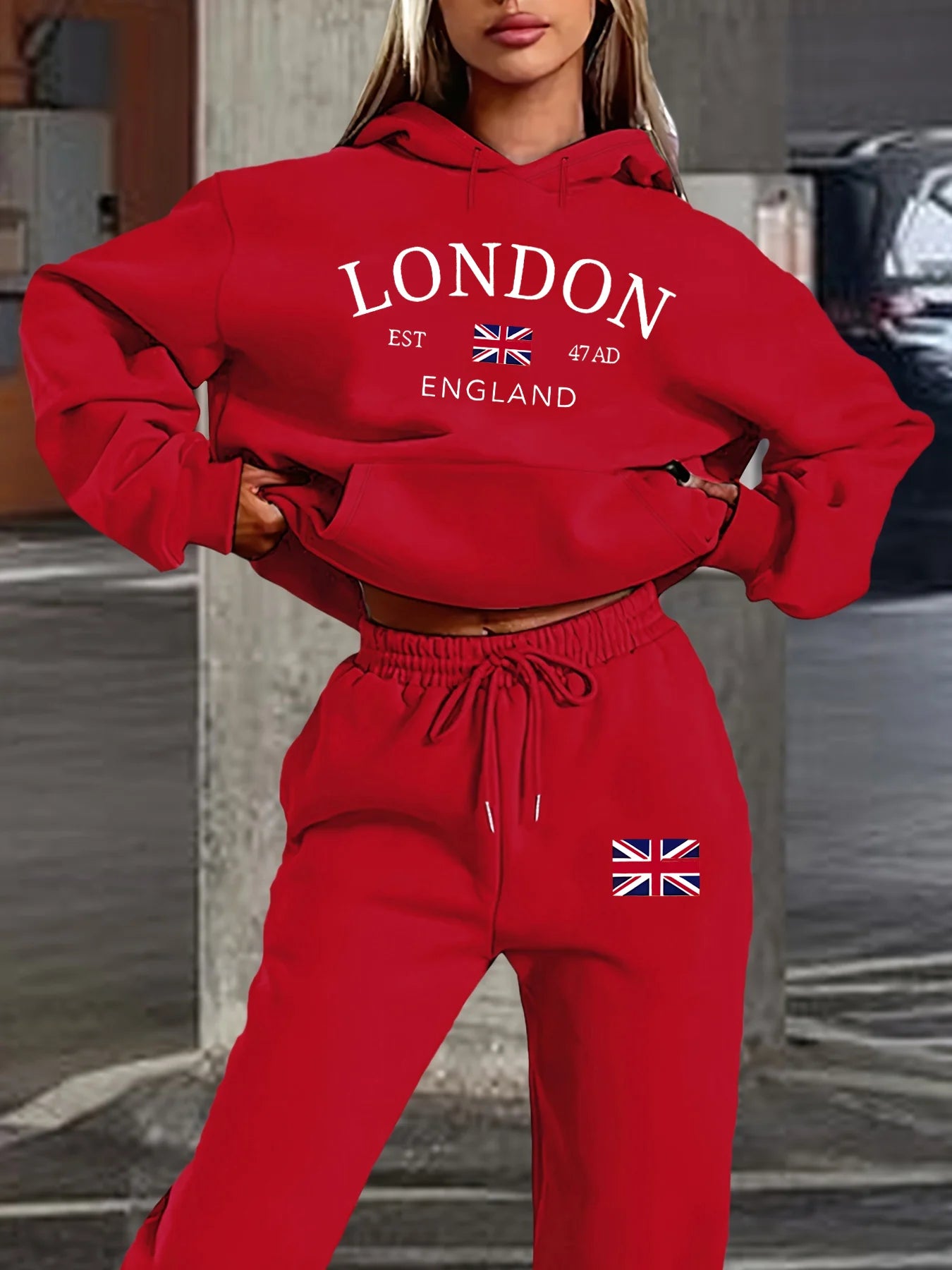 Women's autumn and winter fashion casual London England pattern print with thick fleece warm hooded sweatshirt+sports pants set BAZAARHUBO