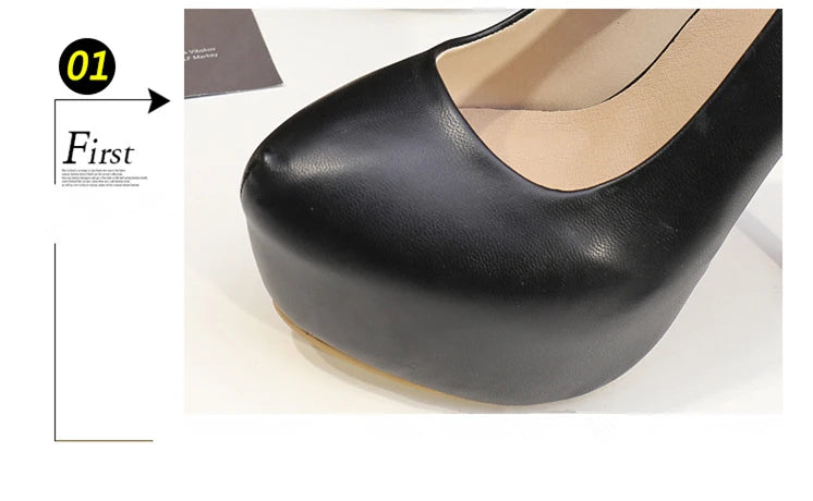 Big Size 35-47 Soft Leather Sexy Platform Women Pumps 14CM Super High Heel Round Toe Shallow Lady Office Shoes Party Black White