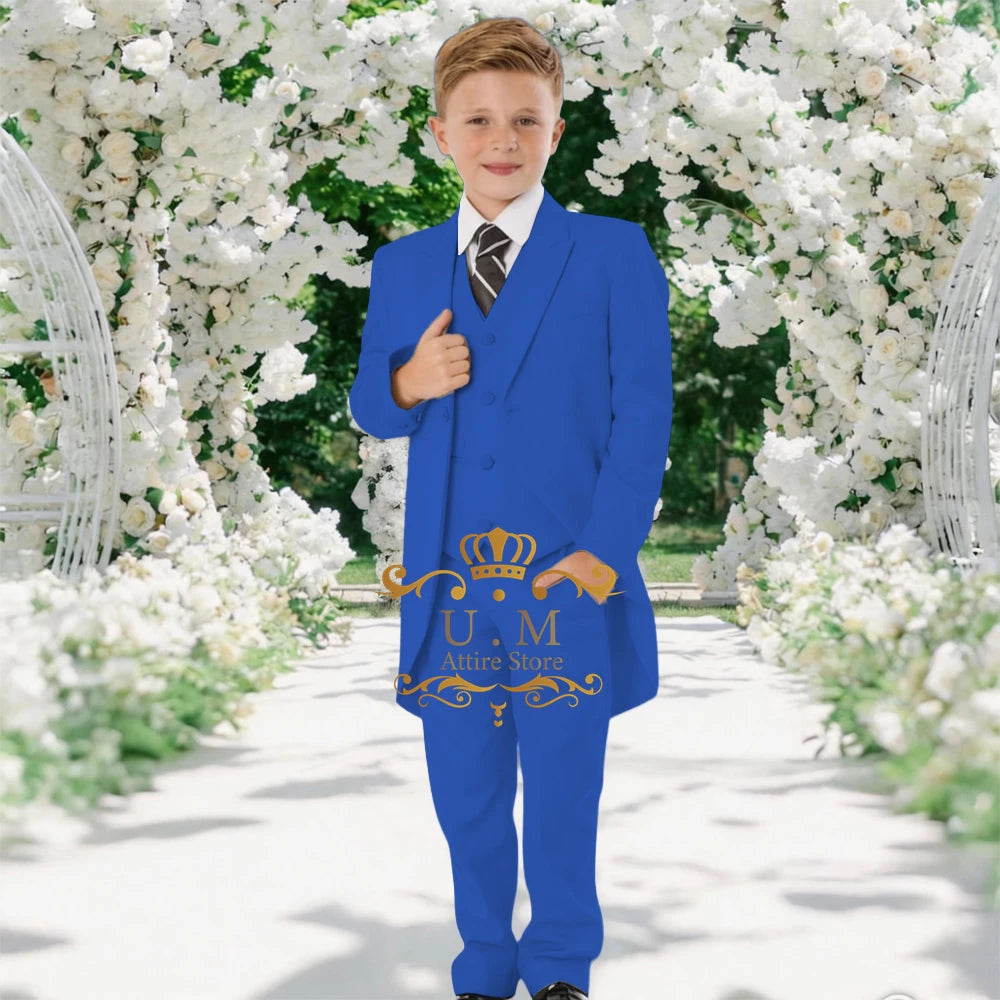 Custom Boys' 3-Piece Tuxedo Set Long Jacket Black Vest Pants Slim Fit Suit for Wedding Birthday Party Children Performances