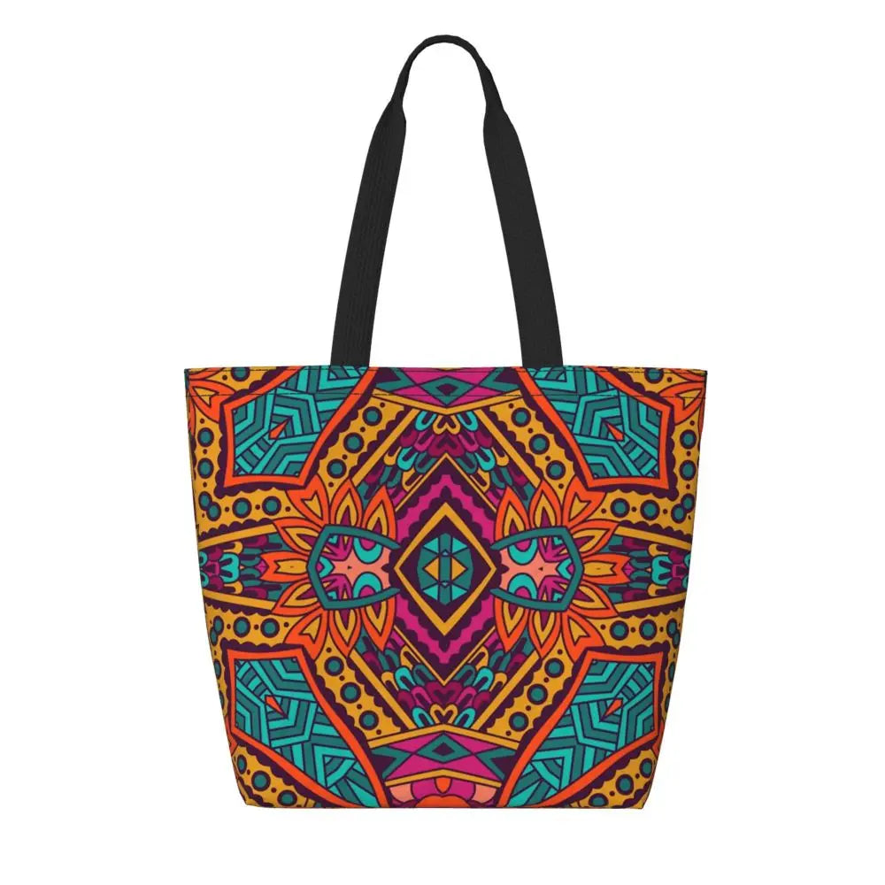 African Ankara Prints Grocery Shopping Tote Bags Women Geometric Ethnic Art Canvas Shoulder Shopper Bags Big Capacity Handbag