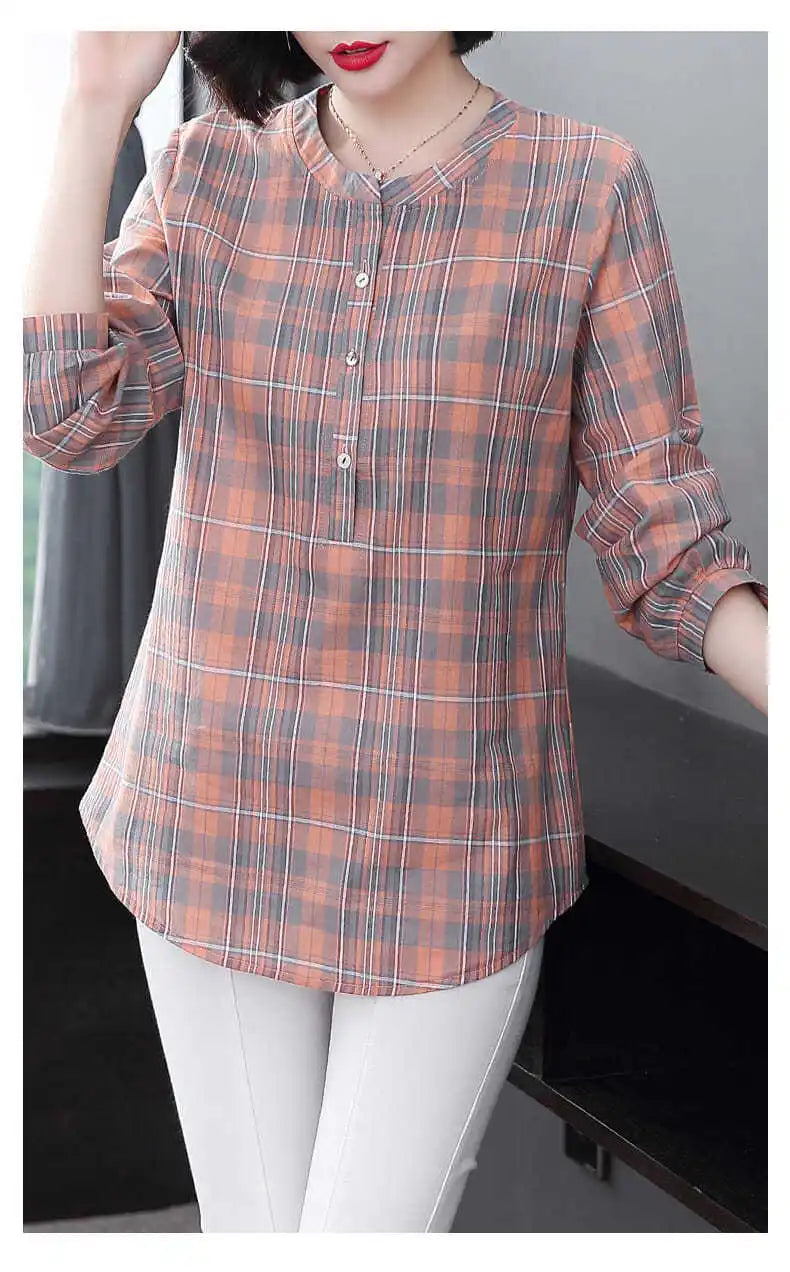 Fashion All-match Round Neck Plaid Shirt Women's Clothing Summer New Vintage Casual 3/4 Sleeve Button Spliced Pullovers Blouses