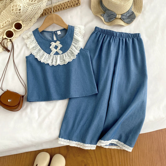 Kids Clothes Girls Summer Fashion  Cowboy Blue Lace Bow+Lace Wide Leg Pants Sets Children's Daily Casual Wear