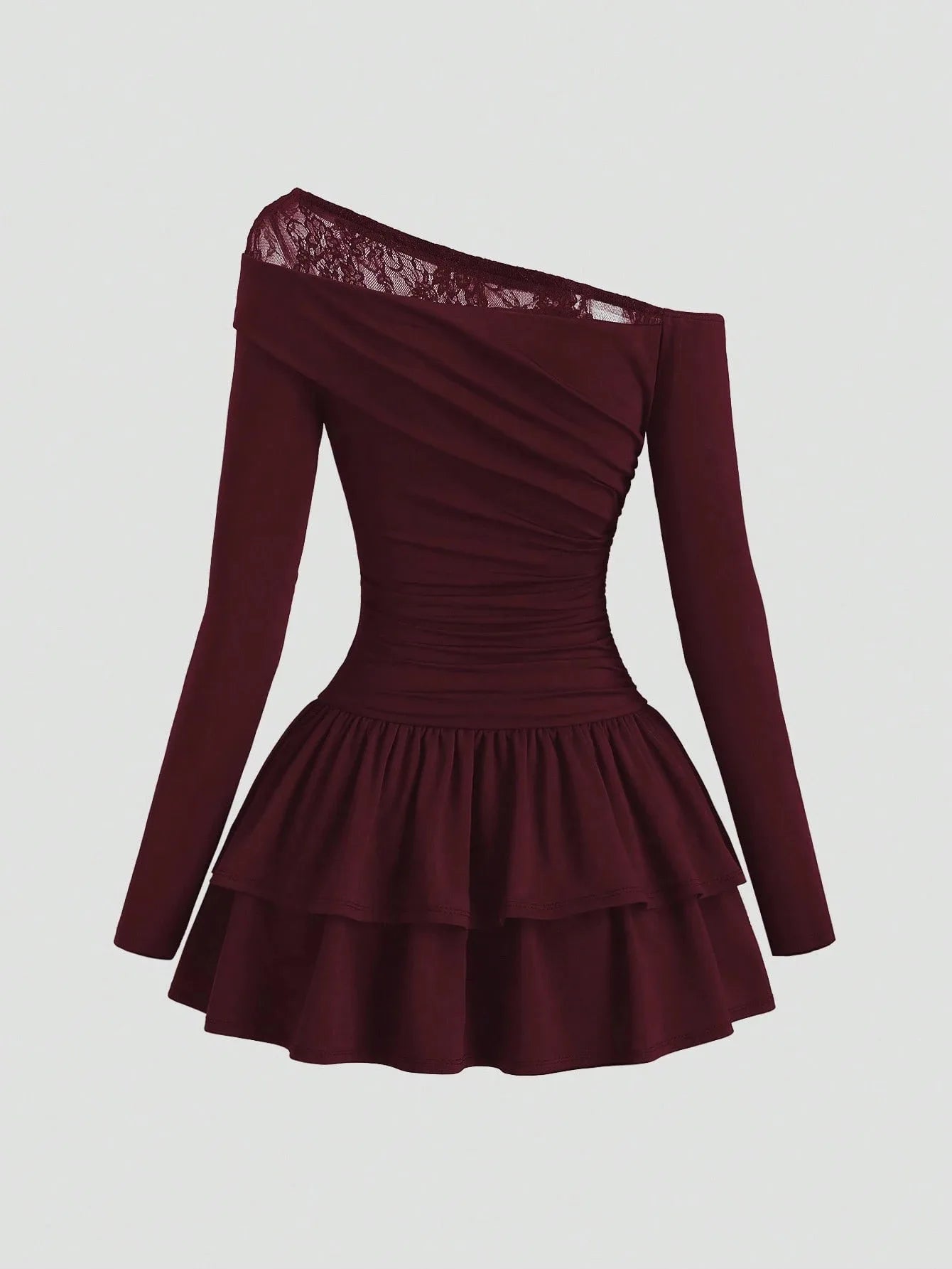 New trendy frilled waistline long-sleeved dress solid color and sexy lace trim fitted shoulders trendy punk style knitted skirt