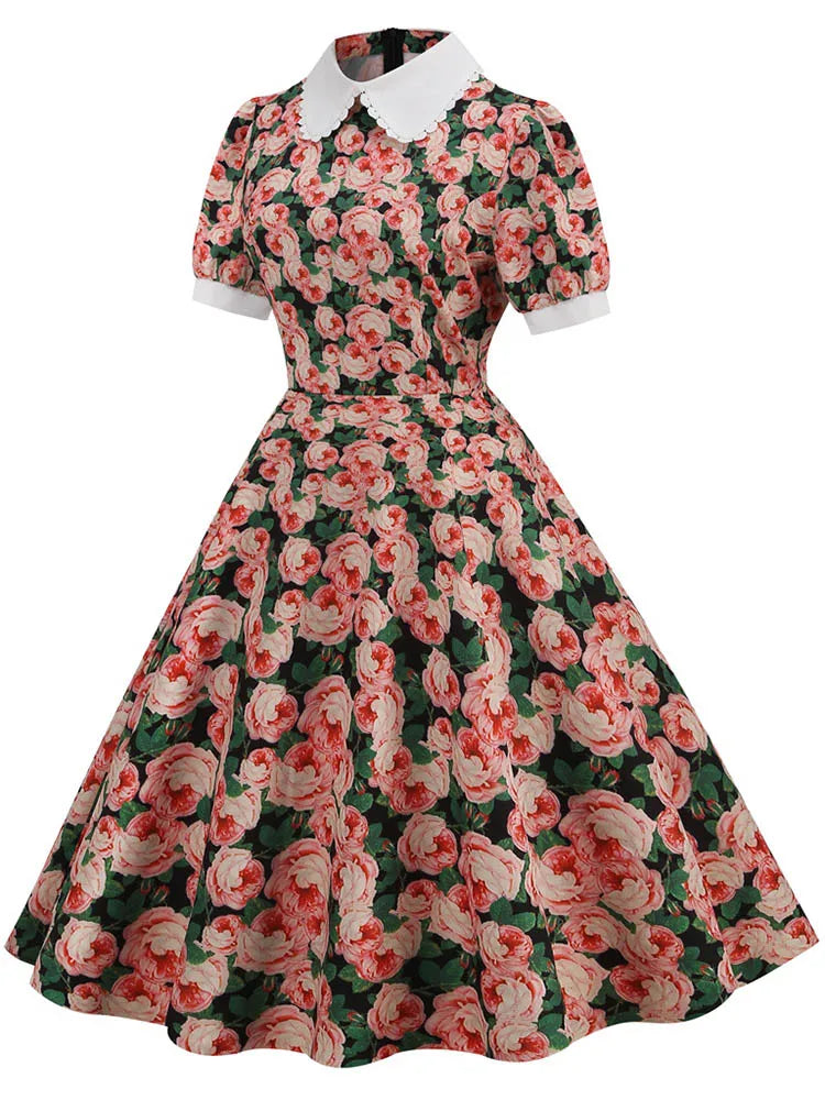 Women Vintage Dress Floral Print Peter pan Collar Elegant Party Dress Puff Short Sleeve Pin Up 50s Party Sundress 3XL