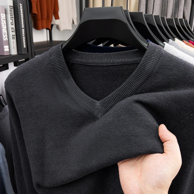 2026 Men's V-Neck Basic Solid Color Sweatshirt Warm Autumn Knitted Oversize Pullover Elastic round Neck Sweater for Casual Wear BAZAARHUBO