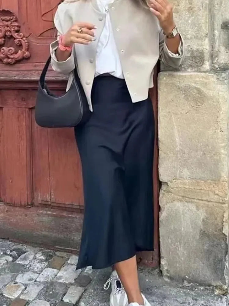 HH Women Fashion Vintage Solid Skirt Satin Slim Elastic Waist Midi Skirts Office Lady Wear Elegant Woman Chic Mermaid Skirt