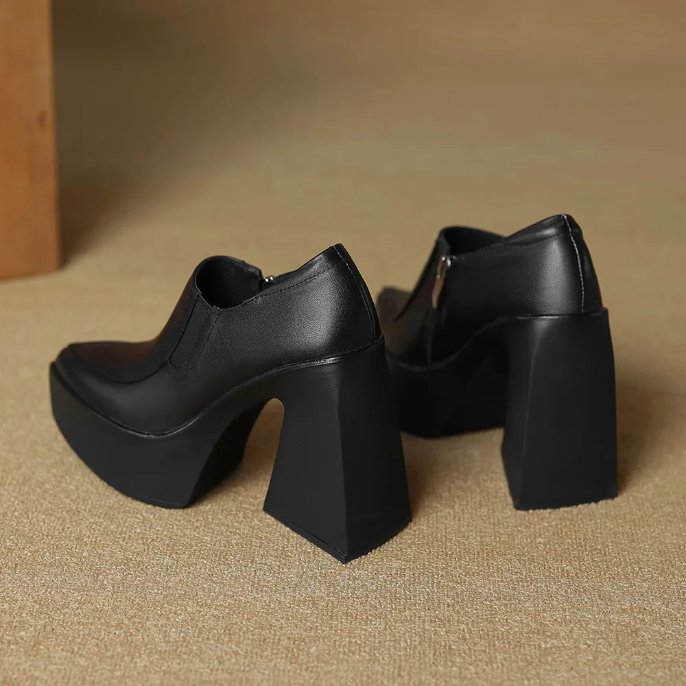 Aucegi New Spring Autumn Women Genuine Leather Pumps Classic Style Pointed Toe Platform Chunky Heel Retro Zipper Handmade Shoes