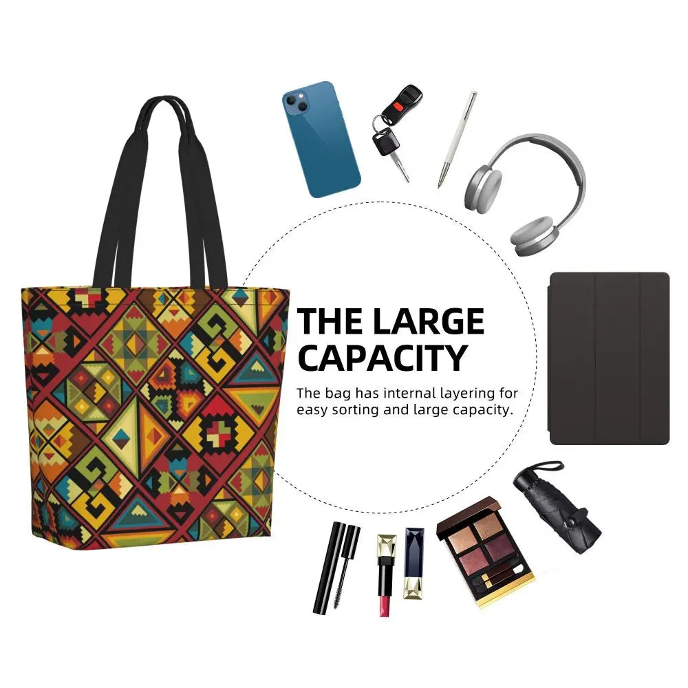 African Ankara Prints Grocery Shopping Tote Bags Women Geometric Ethnic Art Canvas Shoulder Shopper Bags Big Capacity Handbag