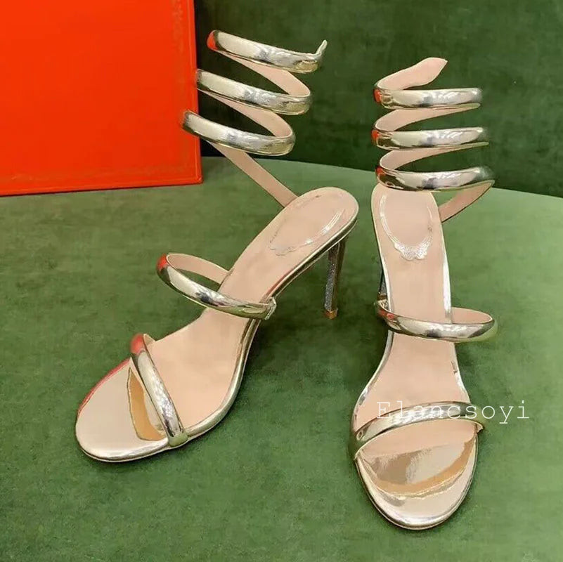 Sexy Thin Heels Sandals Summer Women Real Leather Ankle Snake Shaped Winding Banquet Shoes Summer High Heels Gladiator Sandalias