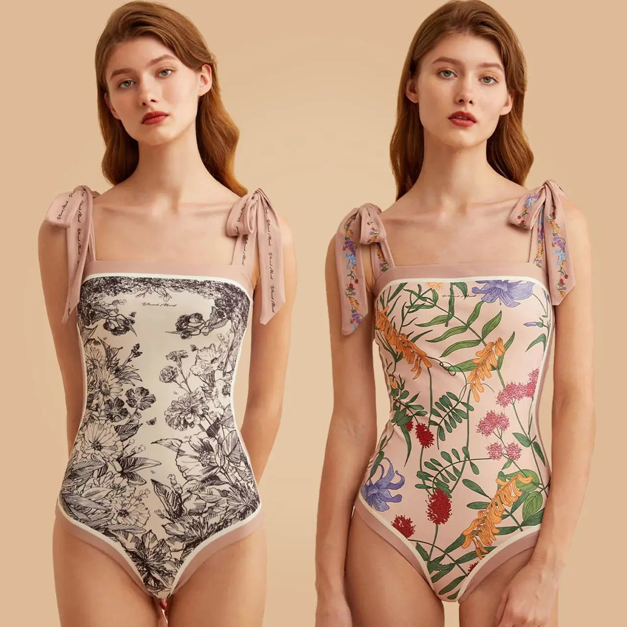 Y2K Floral One Piece Swimsuit Reversible Tie Shoulder Monokini Tummy Control