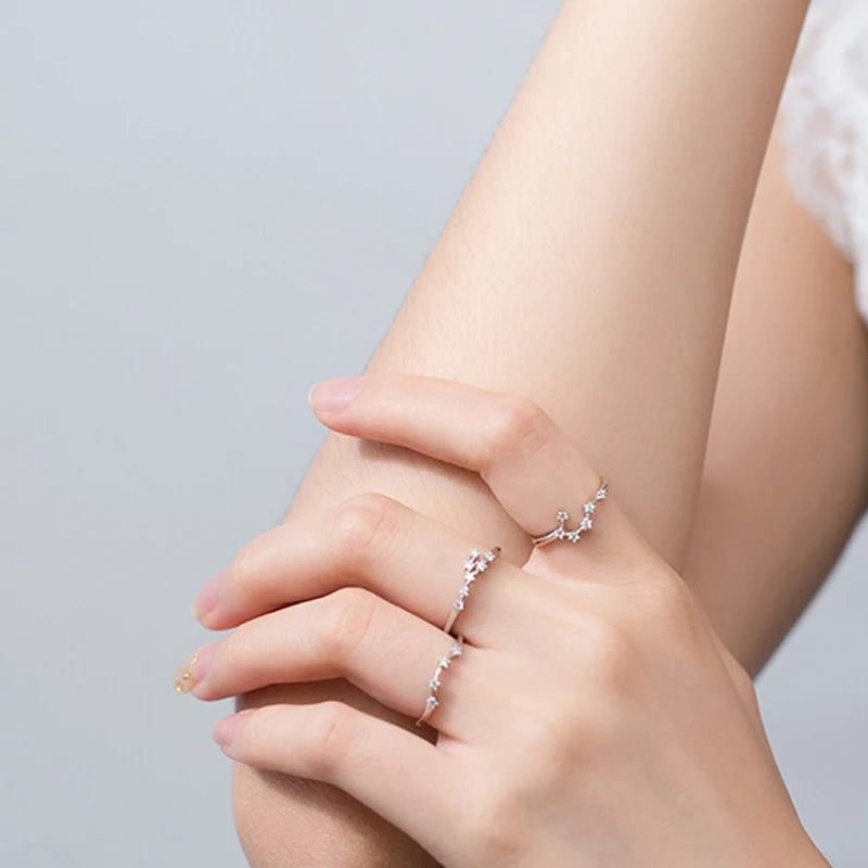 Minimalist Inlaid Cubic Zircon 12 Constellation Rings For Women Zodiac Sign Adjustable Finger Ring Simple Silver Color Jewelry