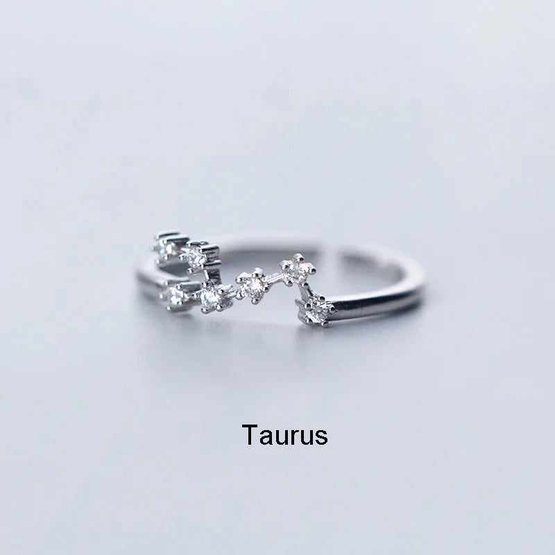 Minimalist Inlaid Cubic Zircon 12 Constellation Rings For Women Zodiac Sign Adjustable Finger Ring Simple Silver Color Jewelry
