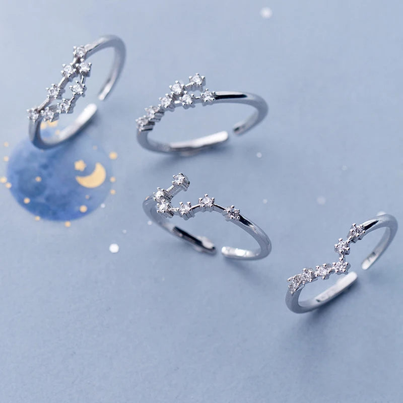 Minimalist Inlaid Cubic Zircon 12 Constellation Rings For Women Zodiac Sign Adjustable Finger Ring Simple Silver Color Jewelry