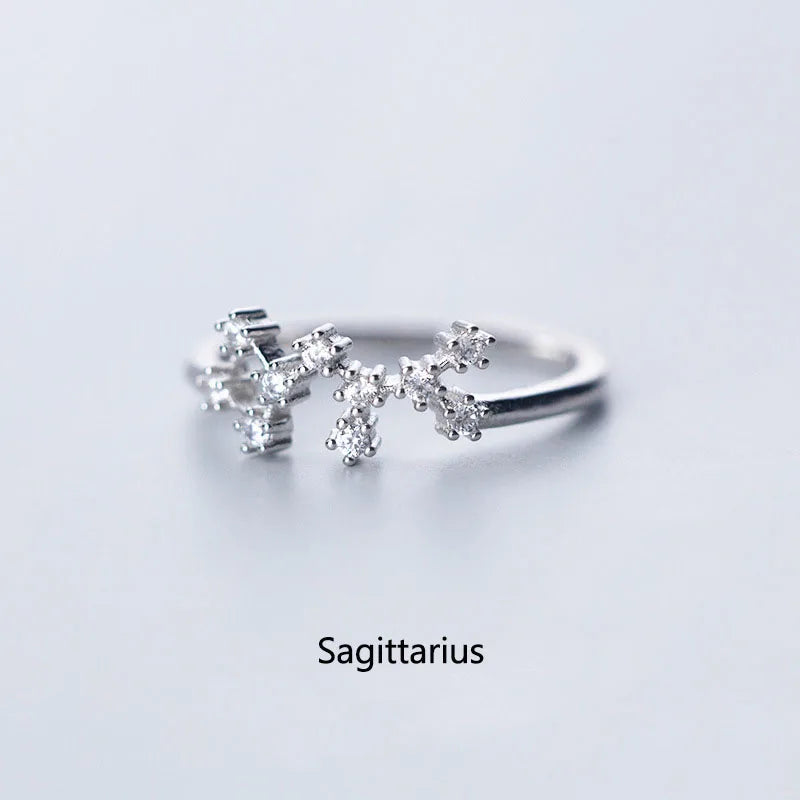 Minimalist Inlaid Cubic Zircon 12 Constellation Rings For Women Zodiac Sign Adjustable Finger Ring Simple Silver Color Jewelry