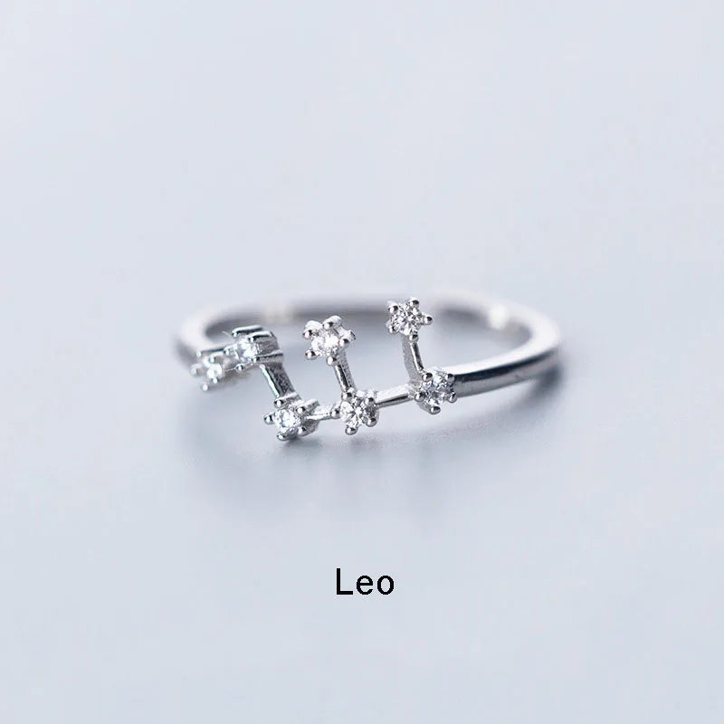 Minimalist Inlaid Cubic Zircon 12 Constellation Rings For Women Zodiac Sign Adjustable Finger Ring Simple Silver Color Jewelry