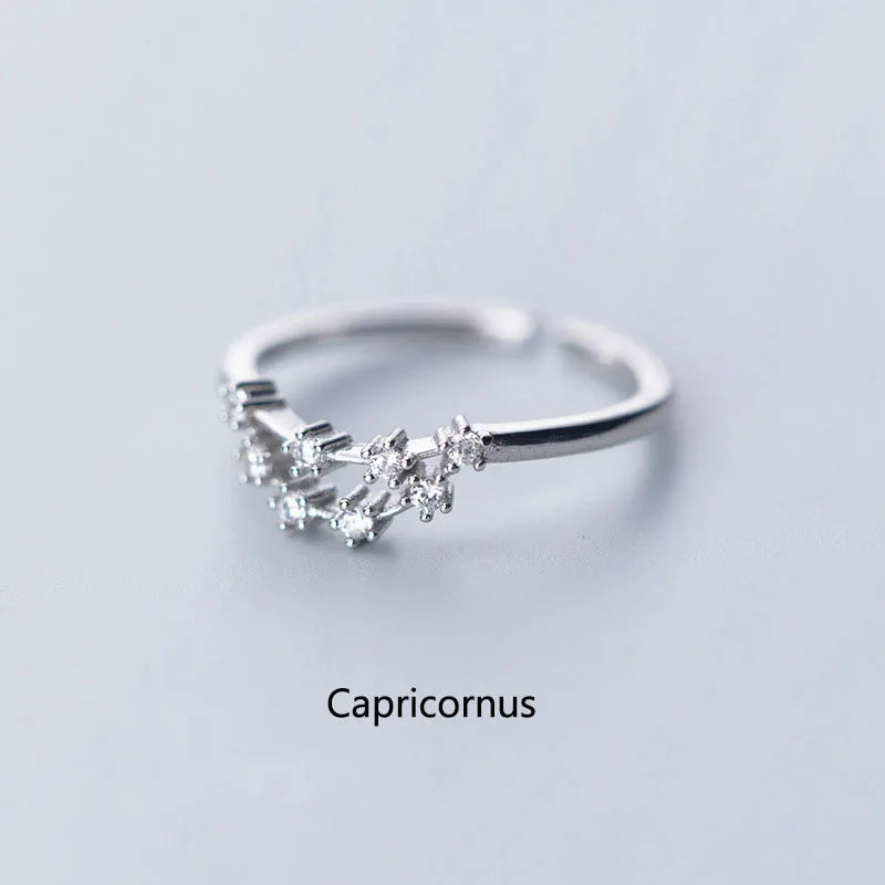 Minimalist Inlaid Cubic Zircon 12 Constellation Rings For Women Zodiac Sign Adjustable Finger Ring Simple Silver Color Jewelry