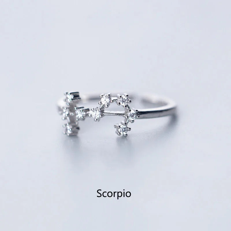 Minimalist Inlaid Cubic Zircon 12 Constellation Rings For Women Zodiac Sign Adjustable Finger Ring Simple Silver Color Jewelry